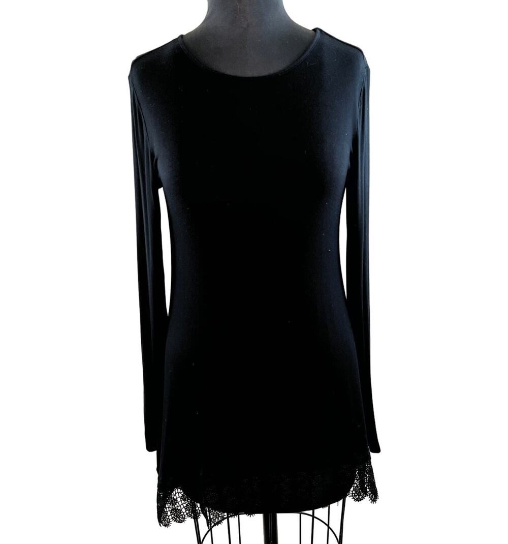 LOGO Lori Goldstein Black Long Sleeve Jersey Tunic Blouse Crochet Lace XS Small